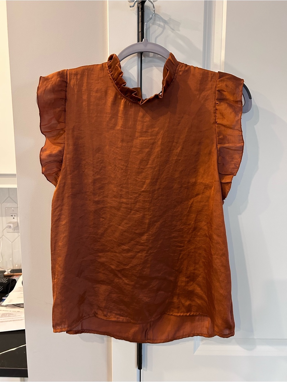 Cristina Lei Rust Copper Ruffle Sleeve Blouse Boho Flowy Earthy Lightweight Top